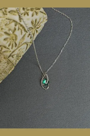 CLARA 92.5 % Pure Sterling Silver Rhodium-Plated Silver-Toned Green CZ-Studded Pendant with Chain