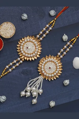 eCraftIndia Pearls Designer Bhaiya Bhabhi Rakhi Set With Roli Chawal Pack