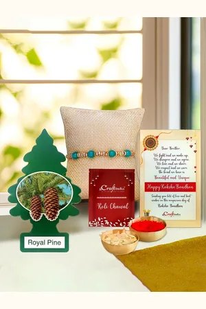 eCraftIndia Set Of 2 Stone Studded & Beaded Rakhi With Air Freshener & Roli Chawal