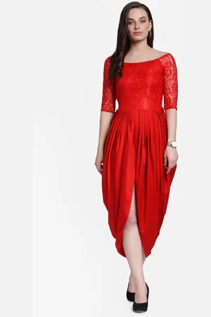 Cation Women Red Solid Lace Maxi Dress