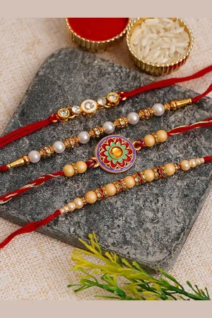 eCraftIndia Set of 4 Designer Floral & Diamonds Designer Rakhis With Multiutility Holder