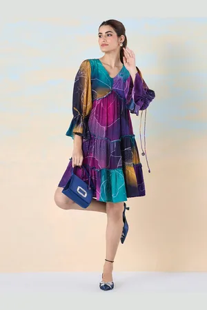 Liva Floral Printed Bell Sleeve Liva Crepe Tiered Fit & Flare Dress