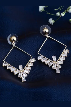 Alamod Gold-Plated American Diamond Studded Square Drop Earrings