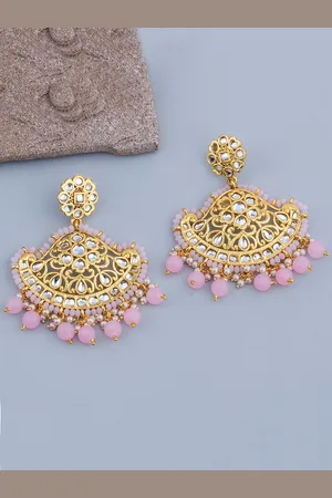 Alamod Gold-Plated Kundan Studded & Beaded Classic Chandbalis Earrings