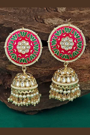 Alamod Gold Plated Kundan & Pearl Classic Jhumkas Earrings