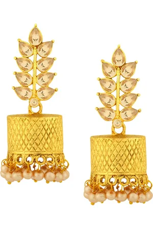 Alamod Gold-Plated Stone-Studded & Beaded Classic Jhumkas Earrings