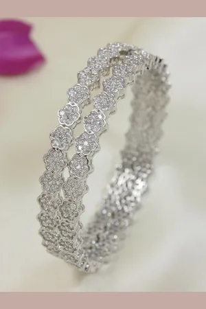 I Jewels Set Of 2 Silver-Plated White American Diamond Studded Bangles