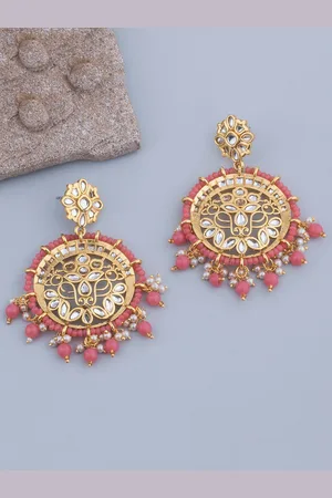 Alamod Gold-Plated Kundan Studded & Beaded Circular Chandbalis Earrings