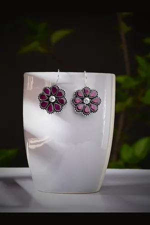 Bamboo Tree Jewels Silver-Plated Stone-Studded Floral Drop Earrings