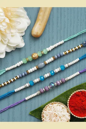 eCraftIndia Set of 4 Pearls & Beads Studded Designer Rakhis With Roli Chawal