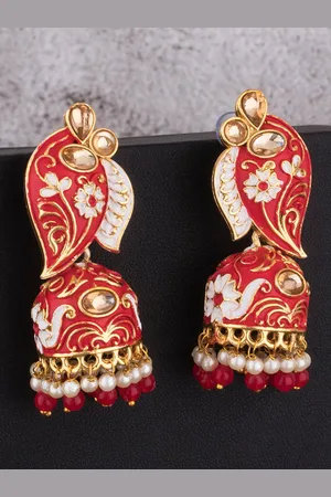 Alamod Gold-Plated Stone Studded & Beaded Leaf Shaped Jhumkas Earrings