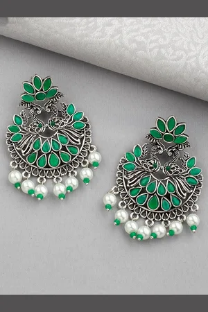 Alamod Silver-Plated Stone Studded Peacock Shaped Chandbalis