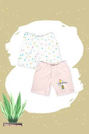 MeeMee Unisex Kids Pack of 2 Pink and White Printed Regular Fit Regular Shorts