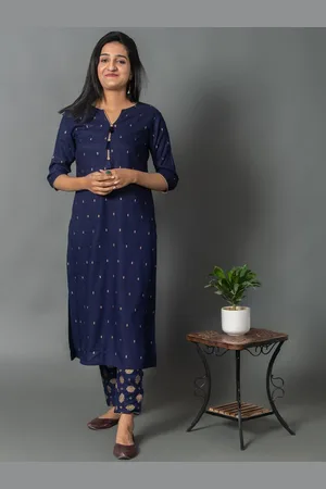 CRAFTED FOR YOU Women Navy Blue Ethnic Motifs Printed Kurta with Trousers