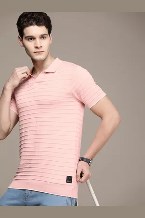 French Connection Self Striped Polo Collar Pure Cotton T-shirt