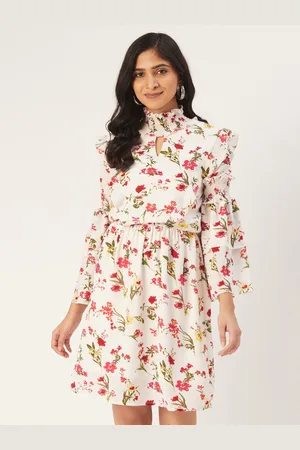 DODO & MOA Women Off-White & Pink Printed Blouson Dress