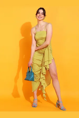 DODO & MOA Yellow Shoulder Straps Sleeveless Ruffled Party Sheath Dress