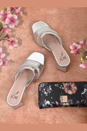 Jove Women Silver-Toned Embellished Party Block Sandals