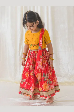 Tiber Taber Girls Embroidered Pure Cotton Ready to Wear Lehenga & Blouse With Dupatta