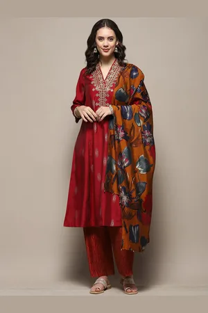 Biba Floral Embroidered Thread Work Pure Cotton A-Line Kurta With Palazzos & Dupatta