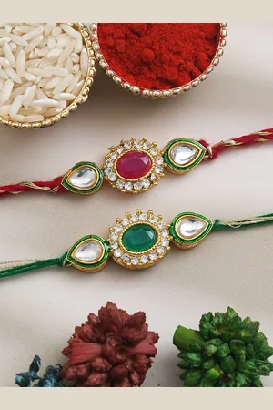 eCraftIndia Set of 2 Stone-Studded Rakhi With Roli Chawal