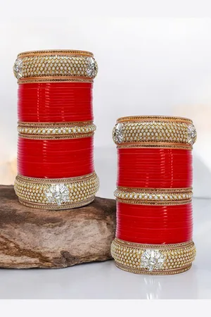 Lucky Jewellery Gold-Toned & Red Stone-Studded Chura- Bangle Set