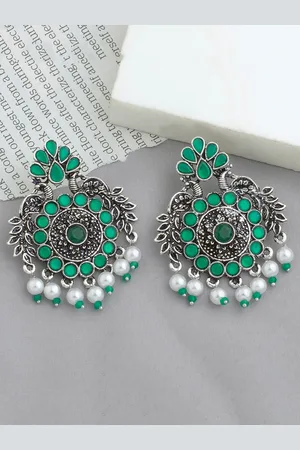 Alamod Peacock Shaped Silver-Plated Chandbali Earrings