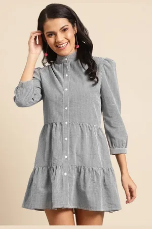DODO & MOA Women Black & White Checked Pure Cotton Tiered Shirt Dress
