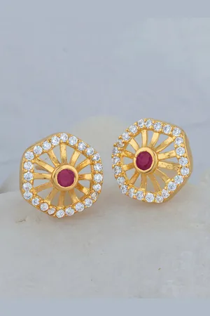 Alamod Gold-Plated CZ Stone Studded Floral Studs Earrings