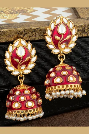 Alamod Gold-Plated Kundan Studded & Beaded Dome Shaped Jhumkas Earrings