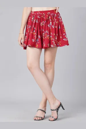 Cation Women Maroon Floral Printed Flared Mini Skirt