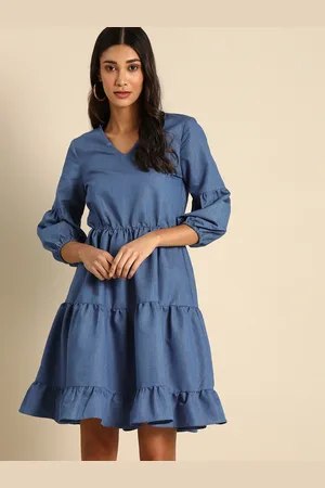 DODO & MOA Women Blue Solid Tiered Denim Fit and Flare Dress