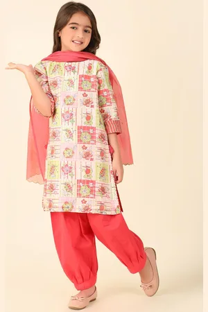 Fabindia Girls Floral Printed Boat Neck Cotton Silk Straight Kurta With Salwar & Dupatta