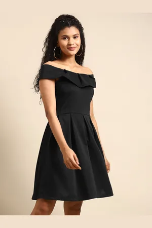 DODO & MOA Women Black Solid Off-Shoulder Fit and Flare Dress