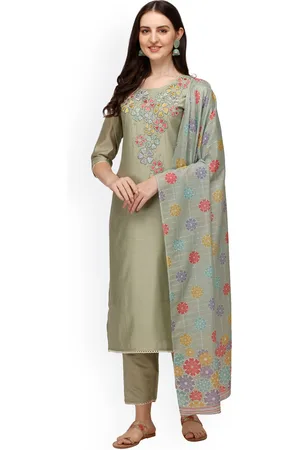 Berrylicious Women Floral Embroidered Chanderi Cotton Kurta with Trousers & With Dupatta