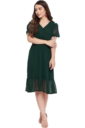 Color Cocktail Women Bottle Green Solid Georgette A-Line Midi Dress