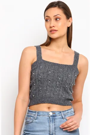 COVER STORY Women Grey & White Cable Knit Crop Pullover with Embellished Detail