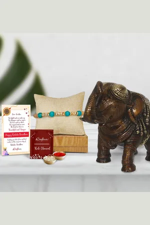 eCraftIndia Multicoloured Pearl Rakhi with Antique Brass Elephant Fingurine Gift Set