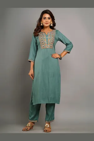 CRAFTED FOR YOU Women Sea Green Embroidered Kurta with Trousers