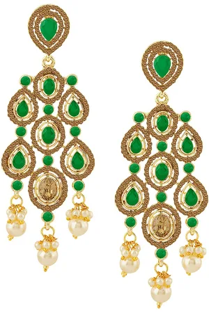 Alamod Gold-Plated Classic Stone Studded & Beaded Drop Earrings