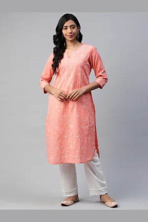 akheri Women Peach-Coloured Ethnic Motifs Embroidered Chikankari Cotton Kurta