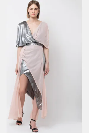 DODO & MOA Women Silver-Toned & Pink Colourblocked V-neck Maxi Dress