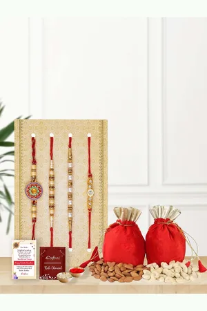 eCraftIndia Set of 4 Rakhis with Cashew & Almond Dry Fruits Potlis