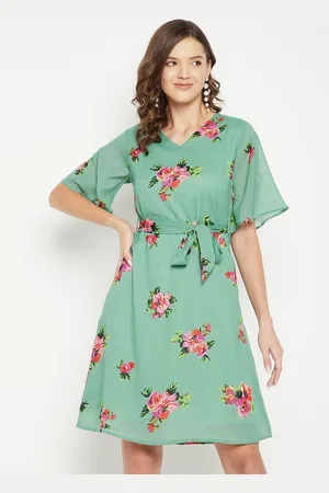 Color Cocktail Women Green Floral Georgette A-Line Dress