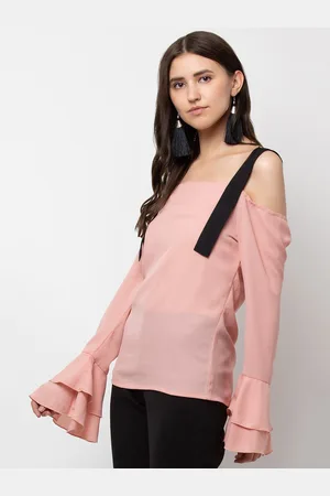 DODO & MOA Women Peach-Coloured & Black Solid Shoulder Strap Crepe Regular Top