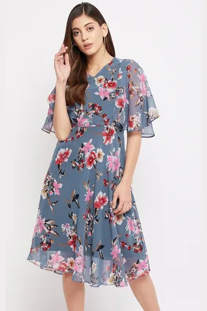 Color Cocktail Women Grey Floral Printed A-Line Dress