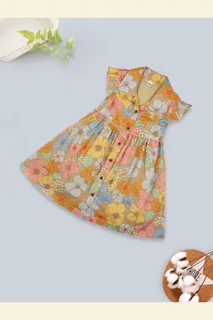 MeeMee Girls Floral Print Shirt Collar Flutter Sleeves Cotton Fit & Flare Dress