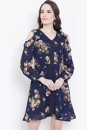 DODO & MOA Women Navy Blue Printed Fit and Flare Dress