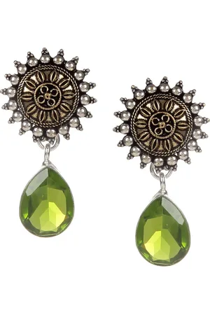Bamboo Tree Jewels Silver-Toned & Green Contemporary Drop Earrings