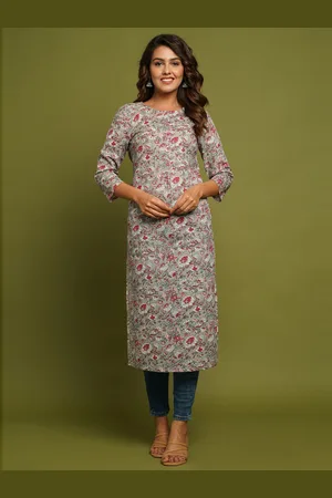 CRAFTED FOR YOU Women Grey & Red Floral Printed Pure Cotton Kurta